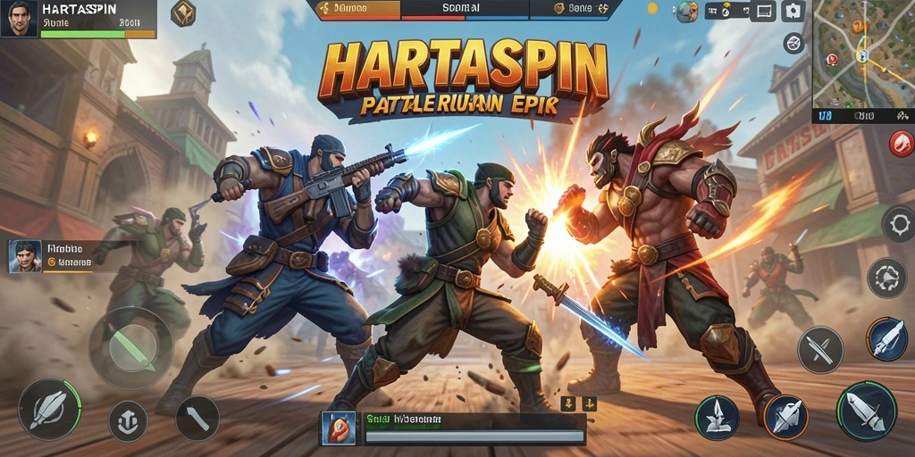 Screenshot utama HARTASPIN menampilkan aksi seru dalam pertempuran Battle Royale.