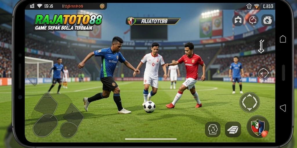 Screenshot RAJATOTO88 menampilkan aksi seru di lapangan sepak bola.